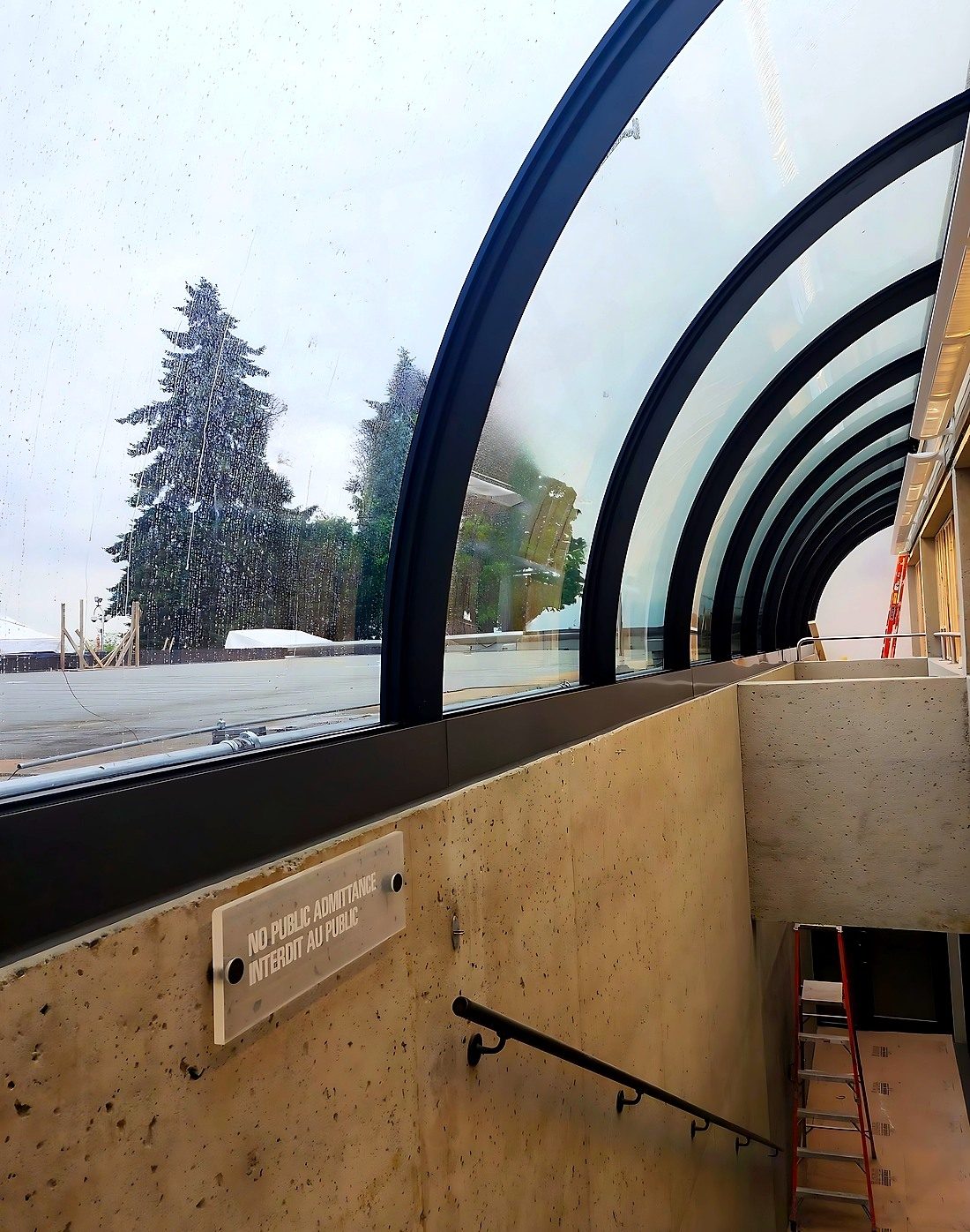 UBC Museum of Anthropology. RAICO Therm+ S-I curved steel façade, from the cafeteria looking out.